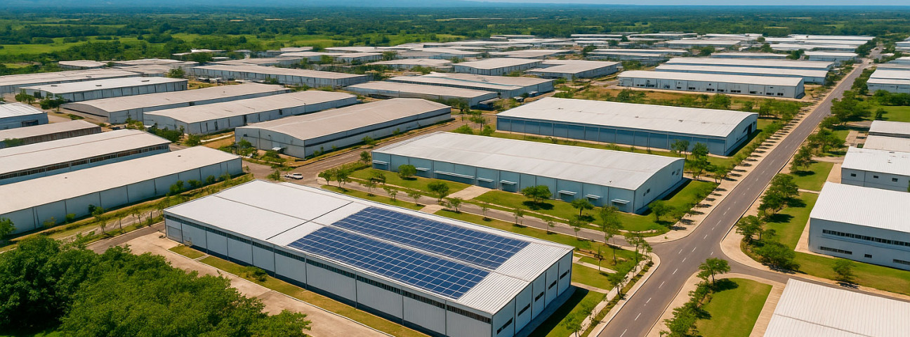 Aerial view of CODEVI industrial park in Haiti showcasing solar panels, eco-friendly infrastructure, and green zones—model of sustainable manufacturing in the Caribbean.
